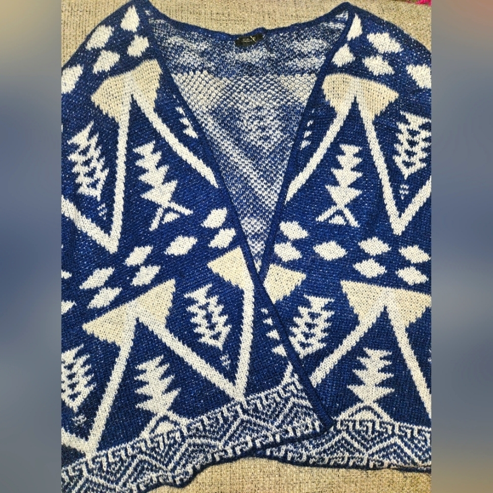 Aztec Patterned, Draped  Asymetrical, Blue & Cream Cardigan One Size